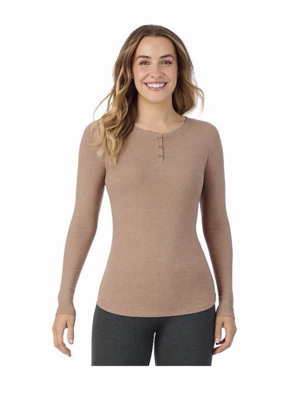 NIP Cuddl Duds SZ M Women’s Long Sleeve Stretch Rib Henley - Taupe